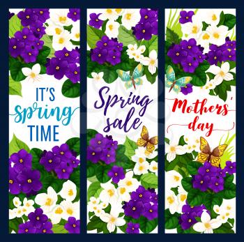 Mother Day and Spring Holiday floral greeting card with blooming garden flower. White and purple blossom of violet, crocus and jasmine branch festive poster with green leaf, butterfly and grass
