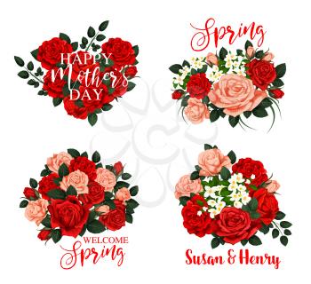 Spring flower bouquet icon for Mother Day, Springtime holiday and wedding invitation template. Red and pink rose flower, white blossom of jasmine branch and green leaf for greeting card, label design
