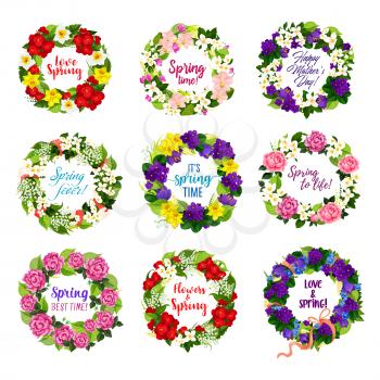 Flower wreath for Spring Season or Mother Day holiday greeting card. Floral frame of rose, daffodil and orchid, lily of the valley, peony and jasmine, violet and crocus with ribbon and greeting wish