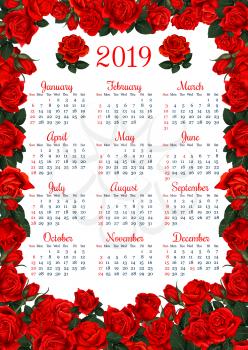 Year calendar template in red flower frame. Summer floral wreath of garden rose plant blossom, flower bud and green leaf branch for floral organizer and planner design
