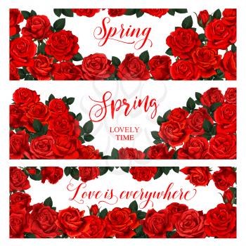 Springtime seasonal banners of roses flowers bouquets frame for spring season holiday greeting card. Vector floral design of blooming spring roses bunch with love quotes text