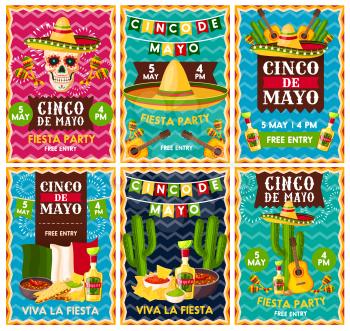 Cinco de Mayo mexican fiesta party banner set for Latin American holiday invitation design. Festive skull with sombrero hat, maracas and chili pepper, tequila margarita, guacamole, cactus and guitar