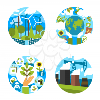 Nature ecology and environment conservation or earth pollution prevention icons. Vector isolated set for Earth day or Save Planet 22 April global ecology conservation holiday event