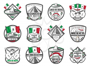 Cinco de Mayo icons for Mexican holiday celebration and greeting card design. Vector sketch set of Mexico flag, sombrero or poncho and maracas, Cinco De Mayo jalapeno pepper, guitar and flag