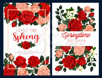 Spring flower festive poster for Mother Day and Springtime season holiday greeting card template. Floral banner with bouquet of red and pink rose, green leaf, flower bud and blooming branch of jasmine
