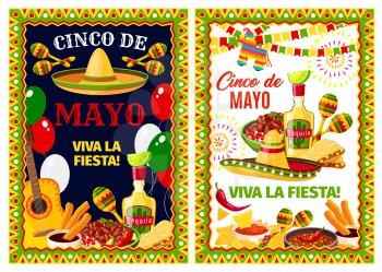 Mexican Cinco de Mayo holiday greeting banner. Fiesta party sombrero, pepper and maracas, tequila, festive food and guitar invitation poster, adorned by Mexico flag, firework and bunting