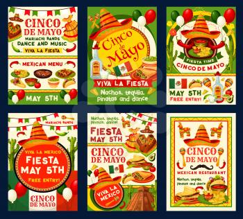 Cinco de Mayo holiday party invitation banner set. Mexican fiesta party sombrero hat, maracas, chili and jalapeno pepper, festive food, tequila drink and guitar, cactus, Mexico flag and pinata poster