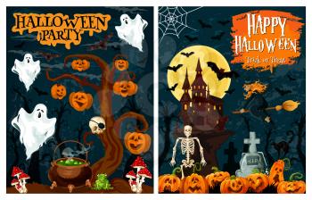 Halloween spooky house with october holiday pumpkin for horror night party banner. Flying ghost, bat and witch, creepy castle, lantern and skeleton, spider net and skull for invitation card design