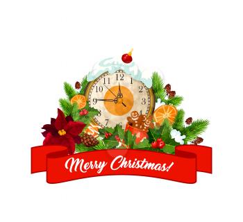 Merry Christmas eve clock and Xmas tree decorations with happy holiday wish on red ribbon. Vector isolated icon of holly or poinsettia wreath, gingerbread cookie and orange in snow for greeting card