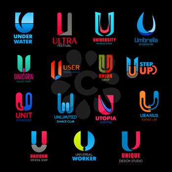 Letters U for festival, union group or design studio and university education. Vector U icons for school uniform shop, science laboratory and dance club or marketing and management company