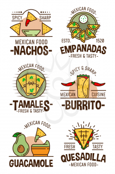 Mexican food restaurant or cafe symbols. Cuisine from Mexico, nachos and empanadas, tamales and burrito, guacamole and quesadilla icons with chili pepper and meat or vegetables vector isolated