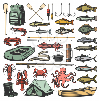 Fishing sport vector icons, ammunition and fish. Vector backpack and paddle, hook and bait, rod and boat, camping tent and rubber boots, crayfish and crab, octopus and salmon, trout and perch, eel