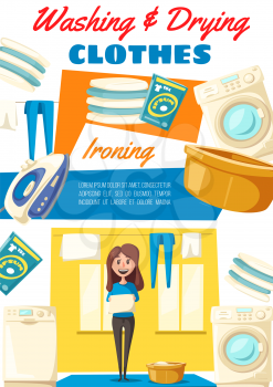 Housework washing, drying and ironing clothes. Housewife holding clean linen, electric washer, dryer and iron icons. Pack of detergent and plastic basin to wash by hands, vector house chores