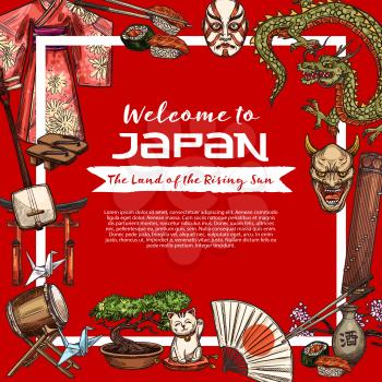 Welcome to Japan travel poster. Vector silk kimono of geisha, samisen musical instrument and origami swan, theater masks and dragon, geta and torii gate sketches. Sushi and cat, drum and bonsai tree
