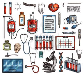 Medical diagnostics and laboratory equipment, vector sketch icons. Stethoscope and microscope, pill and syringe, blood test and bags, x-ray and heart. DNA and tooth, pressure measuring equipment