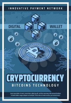 Cryptocurrency and blockchain bitcoin technology. Digital money, innovative payment network and currency exchange online. Earning through internet using computer, vector leaflet