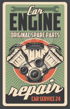 Car auto repair service retro poster. Vector vintage design of engine motor and original automobile spare parts shop or mechanic garage. Transport renovation and restoration, wrench tool