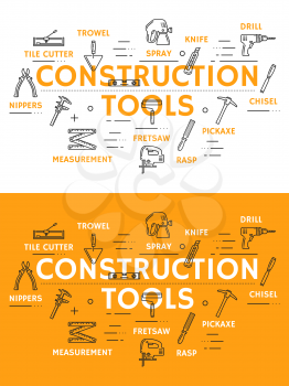 Construction tools line art posters with outline icons. Tile cutter and trowel, spray and knife, drill and chisel, pickaxe and rasp, fret saw and measurement, nippers. Instruments for building vector