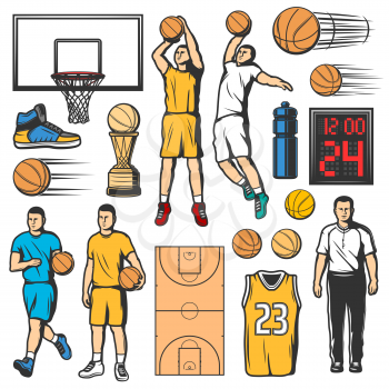 Sport basketball icons, players in uniform with leather ball and game court. Water bottle and scoreboard, shirt with number and trophy cup. Sneaker and basket, sporting items sketch vector
