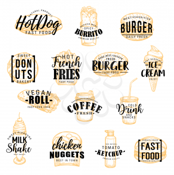 Fast food sketch icons with lettering. Hot dog and burrito, donut and burger, french fries and ice cream, vegan roll and coffee, drink and milk shake. Chicken nuggets and ketchup, takeaway meal vector