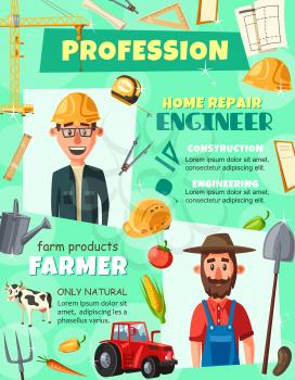 Professions engineer and farmer agronomist poster. Construction engineering and agrarian industry workers searching jobs. Tractor and spade, project and crane, vegetables and stationery tools vector