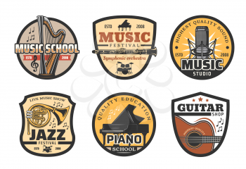 Music icons with musical instruments for school or record studio. Harp and flute, trumpet and piano for symphonic orchestra show. Drums and acoustic guitar with microphone for festival vector