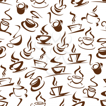 Hot coffee seamless pattern of steaming energetic beverages. Cups on saucer with steam silhouettes in endless texture. Latte and americano, espresso and mocha, cappuccino and glasse in dishware vector