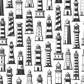Seamless pattern of lighthouses or beacons. Marine constructions with light signal on top for nautical navigation. Striped building in shape of tower in ocean or sea monochrome ornament vector