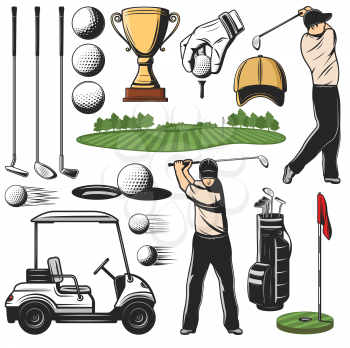 Items for golf sport icons and player with stick, play course and cart. Ball and putter, wedge and iron, wood and hybrid, hole and flag, Gold trophy cup and hand in glove, tee and bag with cap vector