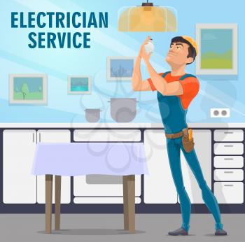 Electricity works poster for electrician service and light bulbs replacement. Handyman or repairman at kitchen fixing lamp, man in overalls and helmet. Interior wiring repair and maintenance vector