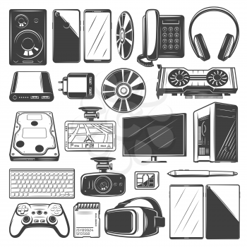 Electronic device icons. Computer, mobile phone and camera, laptop, monitor and tablet pc, headphone, video game joystick and speaker, plug, keyboard, memory and video card digital gadget sketches