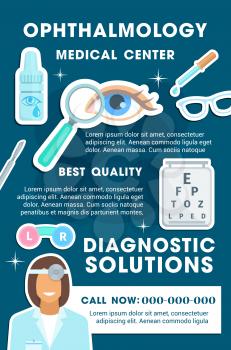 Ophthalmology medical center and diagnostic clinic banner. Human eye, ophthalmologist doctor and sight test chart, eye drop, glasses and dropper promo poster for health care and hospital design