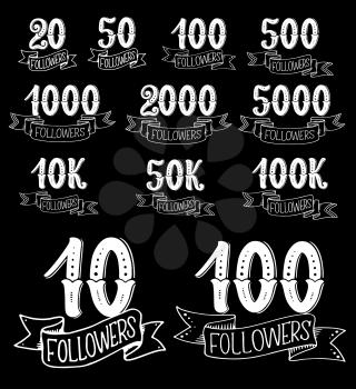 Followers thank you card for social media and network community design. Numbers of web user follower, friend or subscriber celebration icon with vintage ribbon banner isolated on black