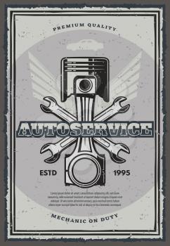 Auto service and car repair vintage banner for transportation template. Motor vehicle piston with crossed wrenches and wings retro poster for garage and mechanic workshop promotion design