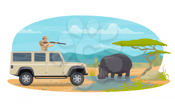 Hunter hunting hippopotamus on African safari hunt. Vector flat design of hunter man with rifle in camouflage outfit in car on hunting open season in Africa for hippo animal
