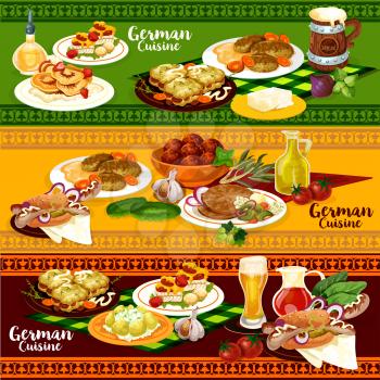 German cuisine restaurant banner for Oktoberfest festival celebration. Beer, served with sausage sandwich, meatball, schnitzel and mashed potato, baked pork roll, fish with cheese and potato casserole