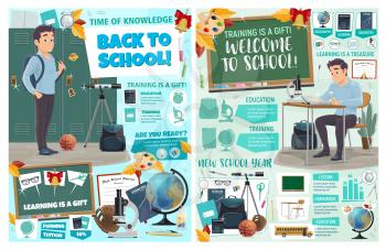 Back to school posters with student at desk or near locker, stationery for education. Geometry and geography classes, biology and physical activity, globe and telescope, diagrams with charts vector