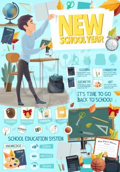 School season or college and university education season poster. Vector cartoon design of student boy and discipline classes of algebra, chemistry or geometry and art stationery for new school year