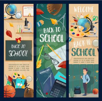 Back to School banners for autumn education or seasonal sale. Vector design of school boy with backpack at lockers, fall leaf on chalkboard and study stationery or basketball and rugby ball