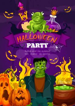 Halloween night party festive poster with horror monster and ribbon banner. Halloween pumpkin lantern, zombie and bat, spider net, witch potion and cauldron for october holiday invitation design