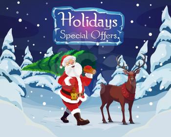 Santa carrying fir in forest with lantern, wild deer, winter holiday special offer. Vector fairy character and Christmas tree, animal and snowy weather. Xmas celebration, New Year Eve, night woods