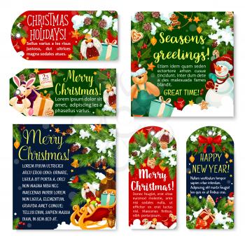 Christmas gift tags and labels, winter holidays. Xmas tree, adorned with star, Santa bell and ball, snowman with present, holly berry and snowflake, calendar and ribbon for Xmas design