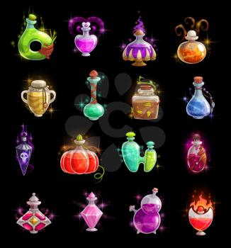 Halloween witch potion vector bottles. Magic poison colorful liquid in glass jars and vials with corks, snake and skull, sparkles, smoke and fire flames. Autumn horror holidays, vector icons