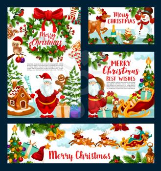 Christmas holiday greeting banner with Santa and gifts. Vector Xmas tree, Santa and snowman, present, candy and bell, holly wreath, ball, sock and cookie, reindeer sleigh and ribbon, holiday design