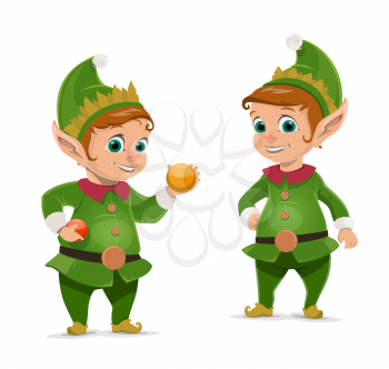 Christmas elves cartoon characters of Santa Claus helpers. Vector dwarfs or little peoples in green suits and hats with Xmas tree balls and baubles. Gift workshop workers, winter holidays design