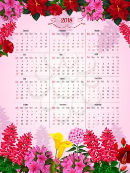 Flower calendar template of spring or summer flowers. Vector design monthly calendar in floral frame of roses, garden petunia or daffodil and lilac, yellow callas and pink begonia or poppy petals