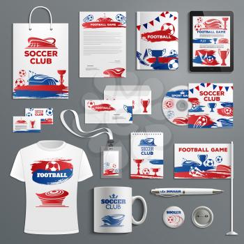 Soccer club or football championship advertising promo materials templates. Vector soccer branded stationery t-shirt apparel, business card, flag, mug cup and paper bag with ball and arena stadium