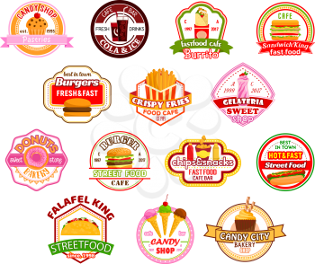 Fast food restaurant or fastfood cafe bistro icons templates. Vector isolated design set for burgers and sandwiches or Mexican meals, donut and ice cream dessert or drink and popcorn, pizza and fries