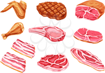 Meat watercolor paint vector icons. Beefsteak, barbeque grill brisket and bbq chicken legs or wings, beef tenderloin or ham bacon and sirloin fresh meat products in watercolor for butcher shop market