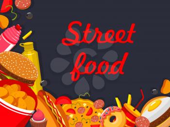Fast food restaurant poster of street food meals and snacks for fastfood cafe bistro menu design. Vector burgers or pizza and Mexican tacos or burritos, cheeseburger sandwich, hot dog and fries